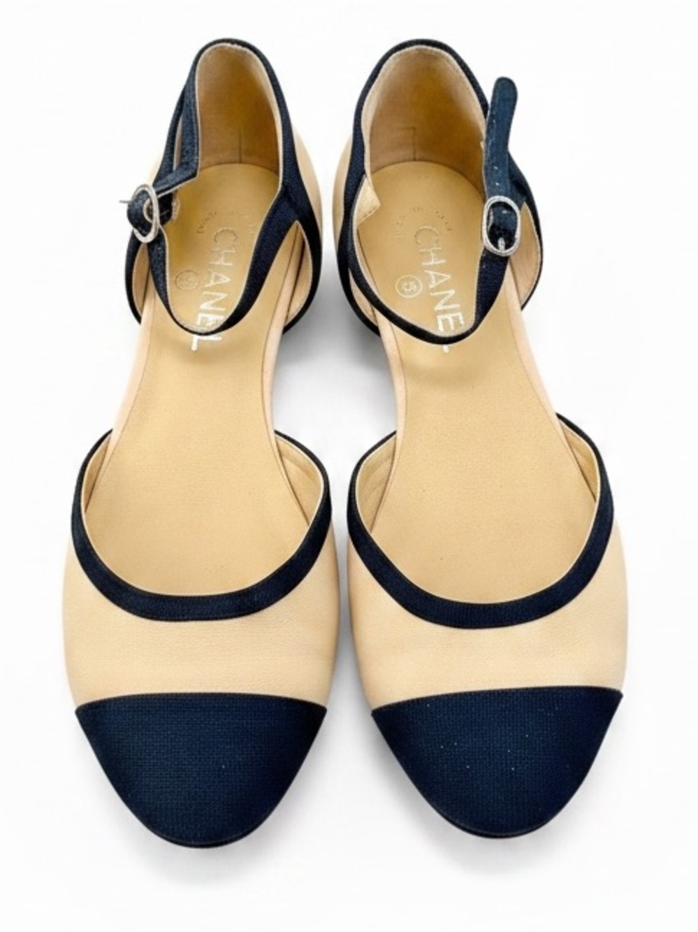 Chanel Two-Tone Beige & Black Mary Jane Flat Ankle Strap Shoes 40 fits 8.5 or 9